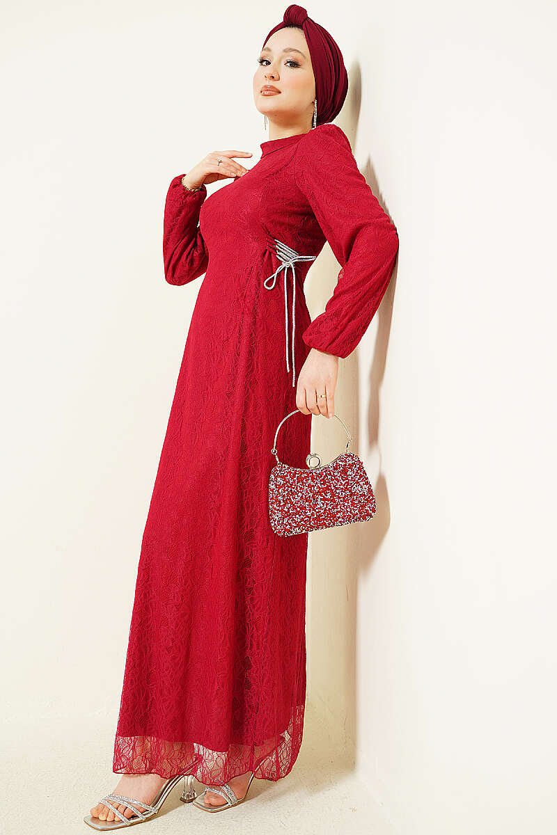 Side-Tie Lace Evening Dress - Burgundy
