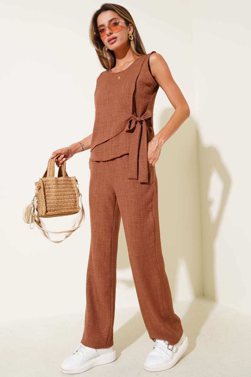 Side-Tie Two-Piece Set - Brown
