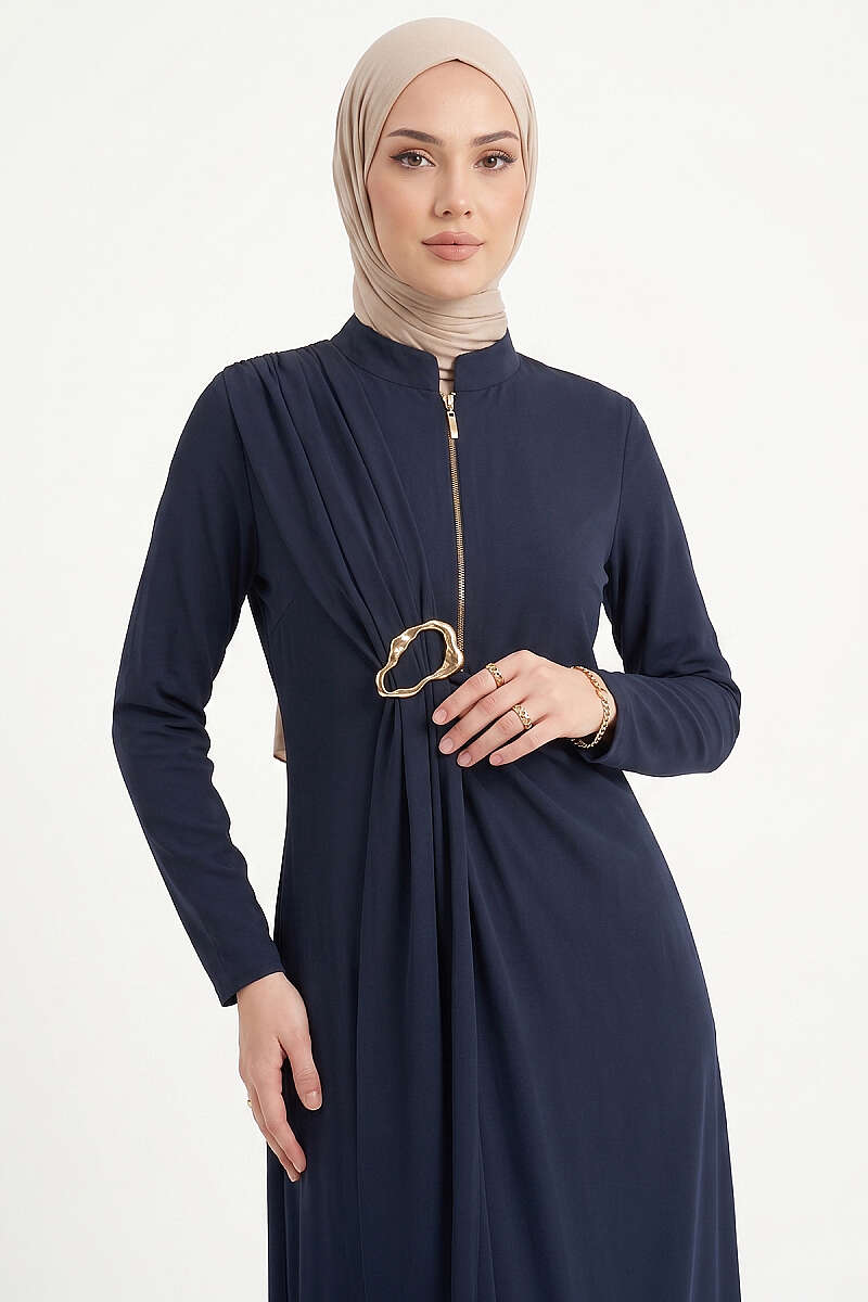 Side-Brooch Ruched Dress - Navy