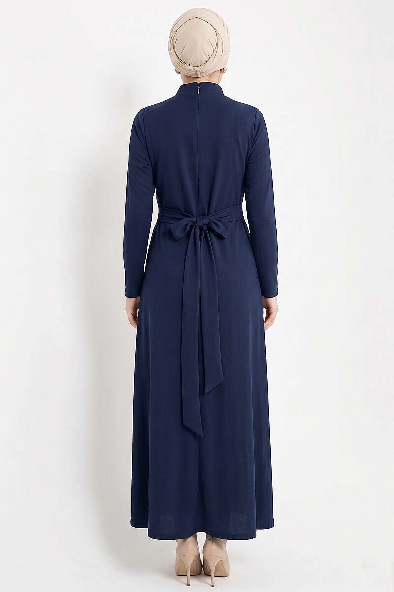 Side-Brooch Ruched Dress - Navy