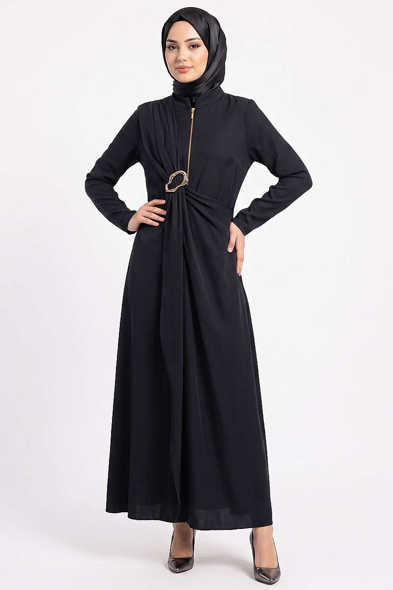 Side-Brooch Ruched Dress - Black
