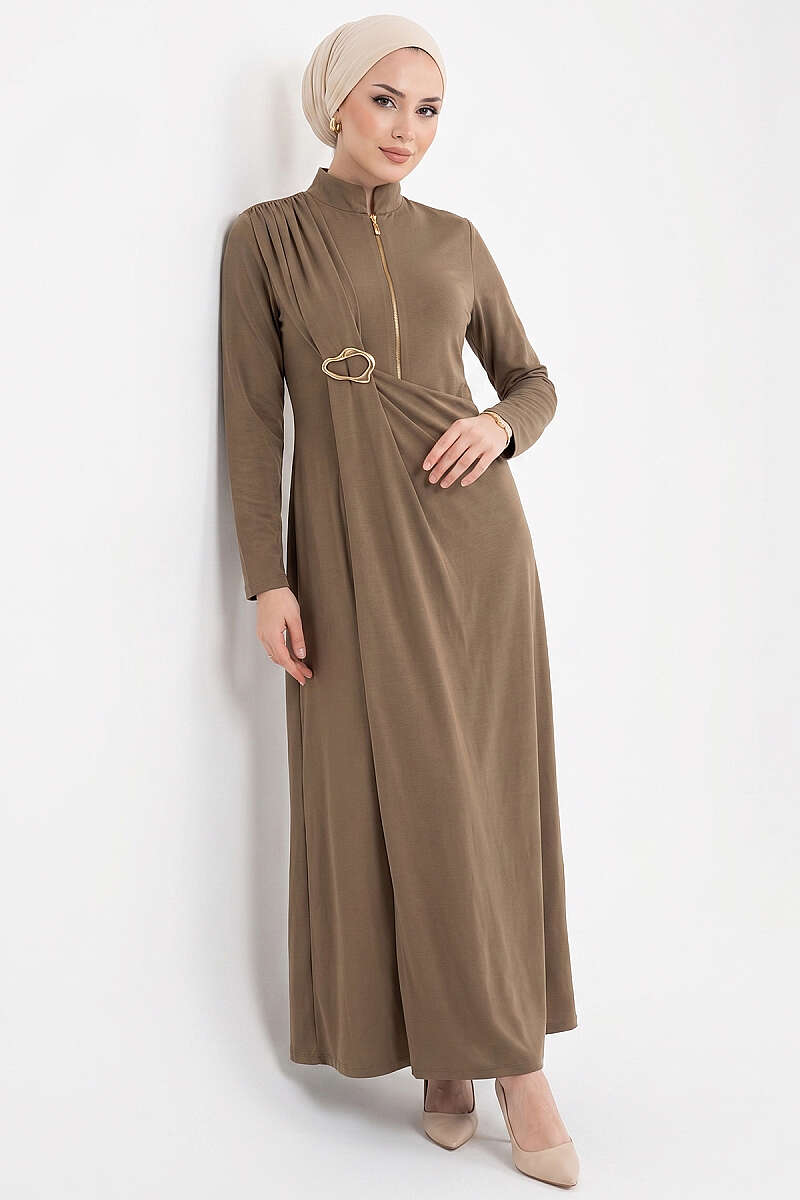 Side-Brooch Ruched Dress - Mink