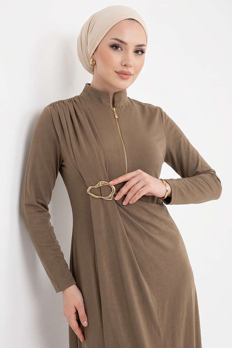 Side-Brooch Ruched Dress - Mink