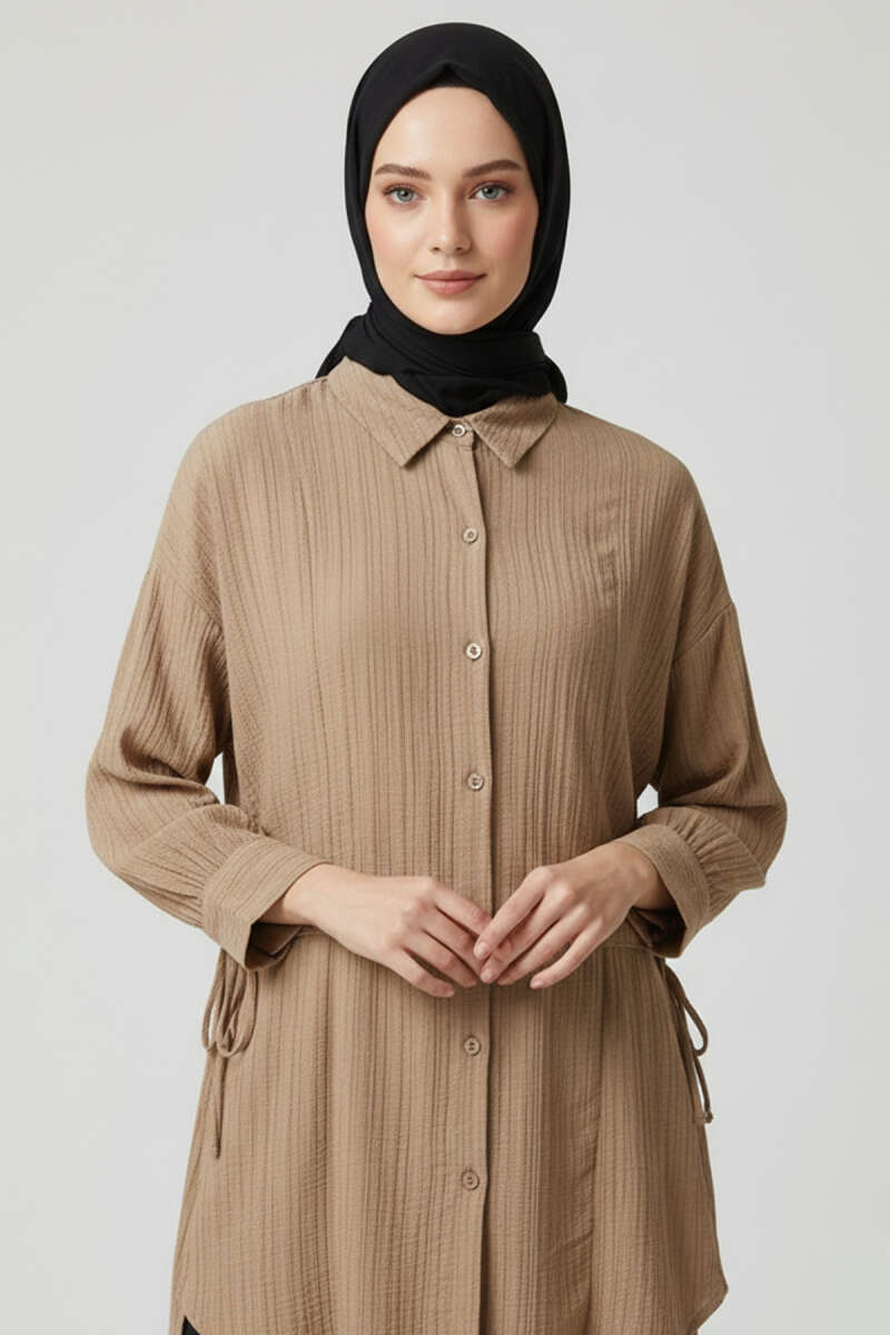 Side-Ruched Crinkle Shirt - Beige
