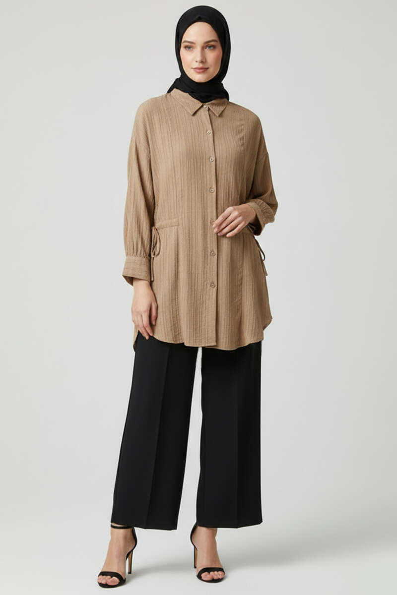 Side-Ruched Crinkle Shirt - Beige