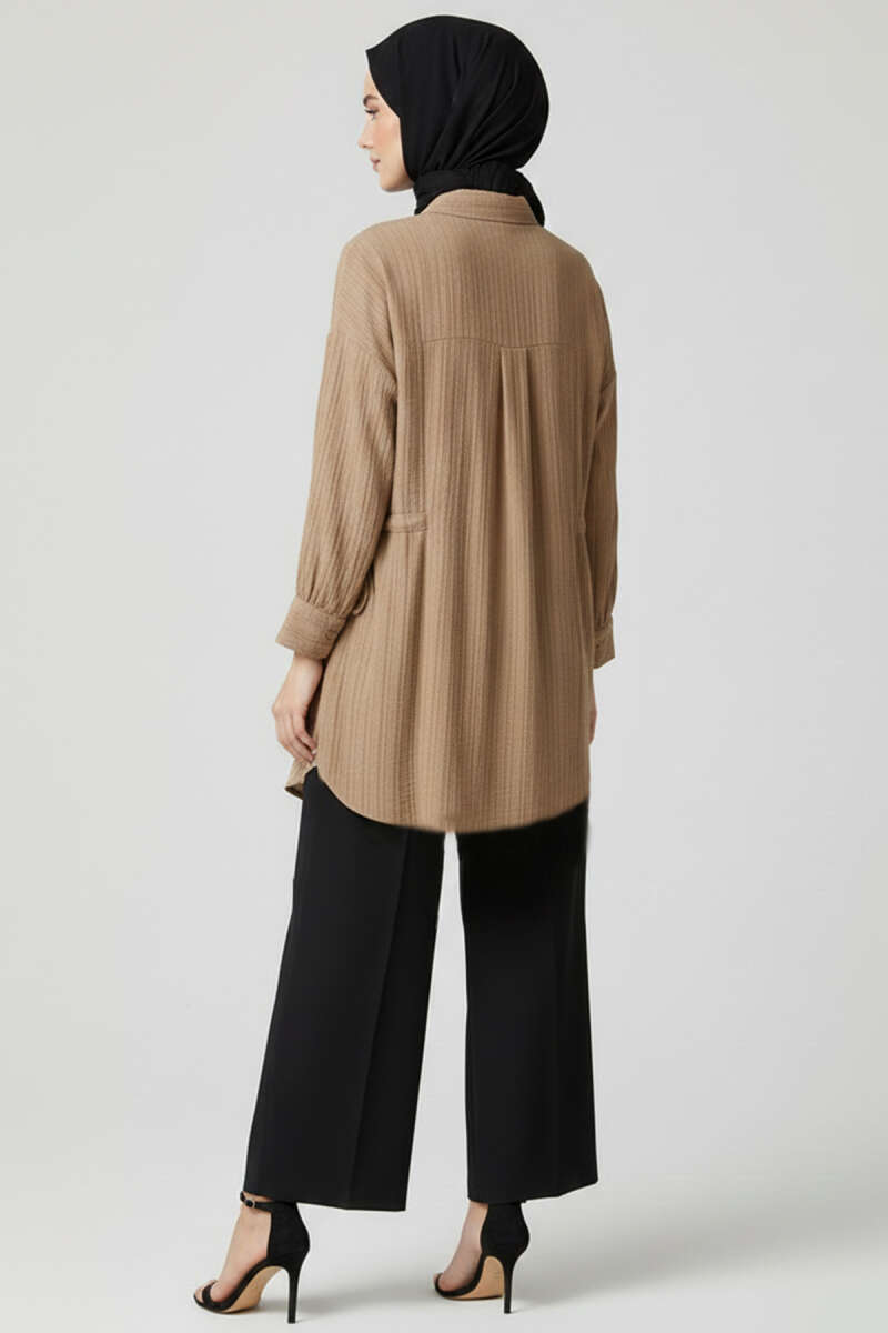 Side-Ruched Crinkle Shirt - Beige