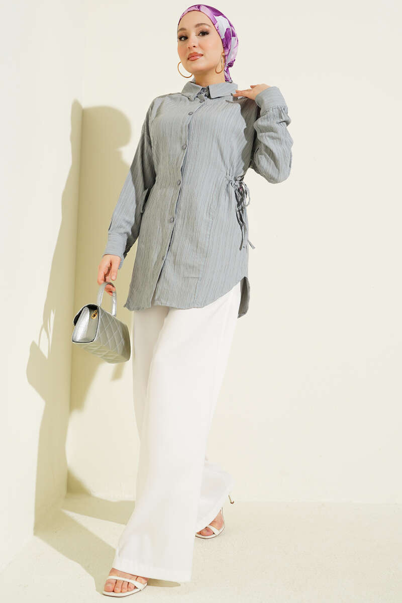 Side-Ruched Crinkle Shirt - Grey