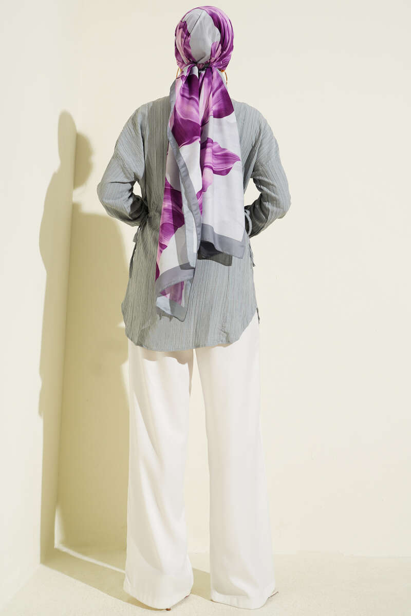 Side-Ruched Crinkle Shirt - Grey
