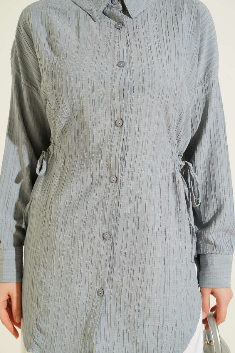 Side-Ruched Crinkle Shirt - Grey