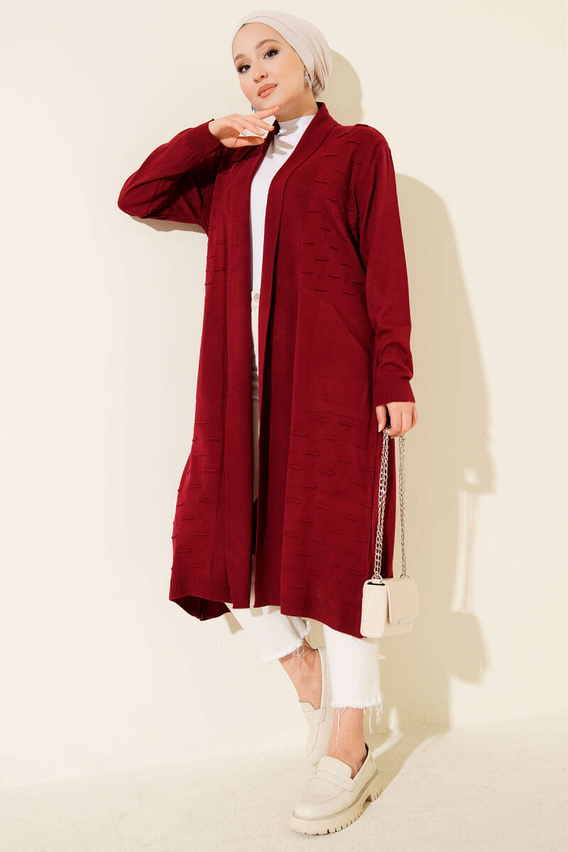 Side-Stitch Cardigan with Ties - Burgundy