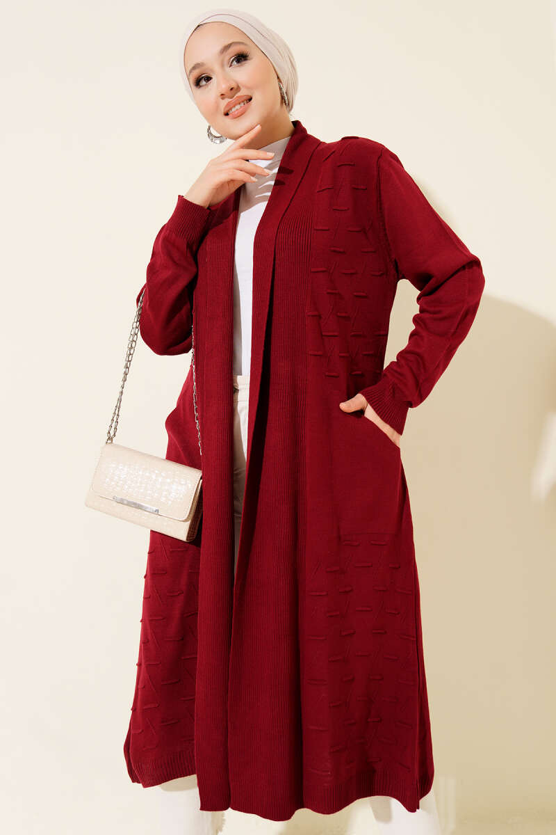Side-Stitch Cardigan with Ties - Burgundy