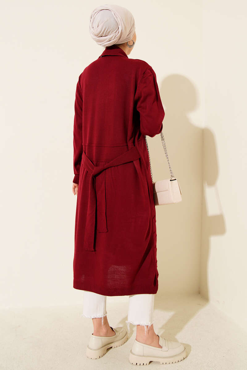 Side-Stitch Cardigan with Ties - Burgundy