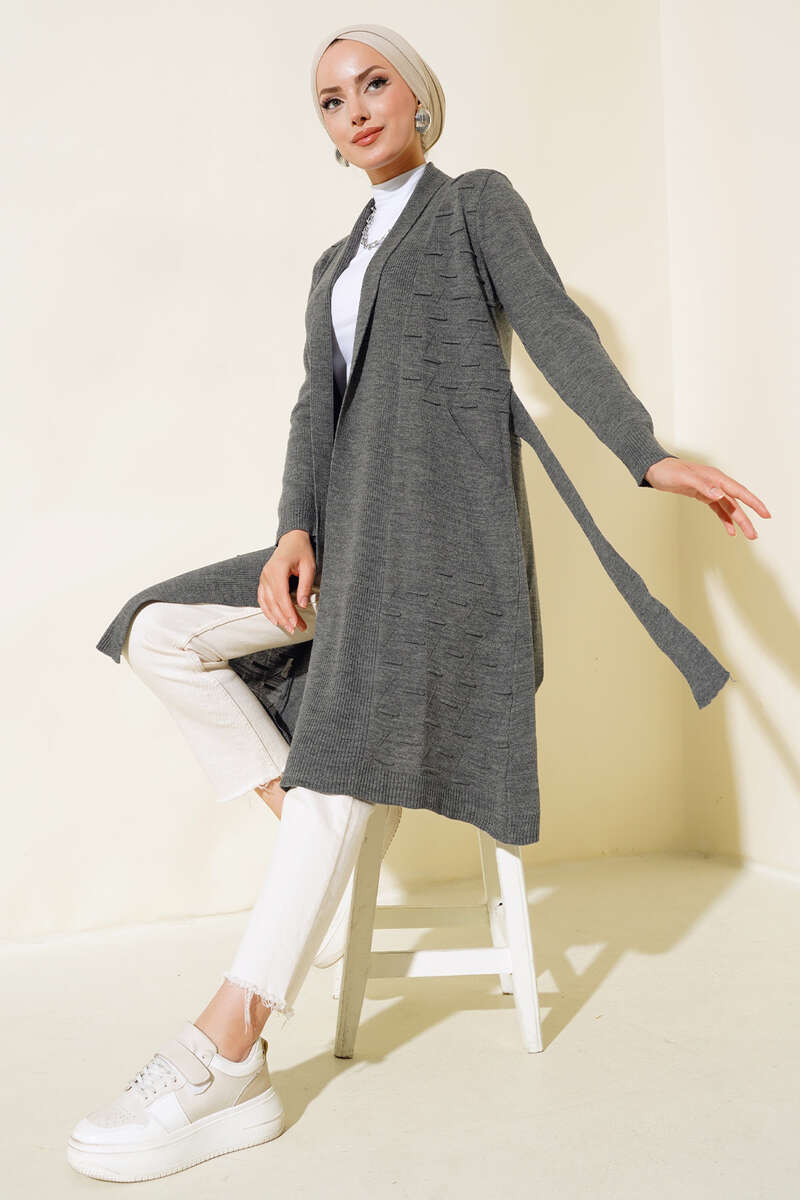 Side-Stitch Cardigan with Ties - Smoke Grey