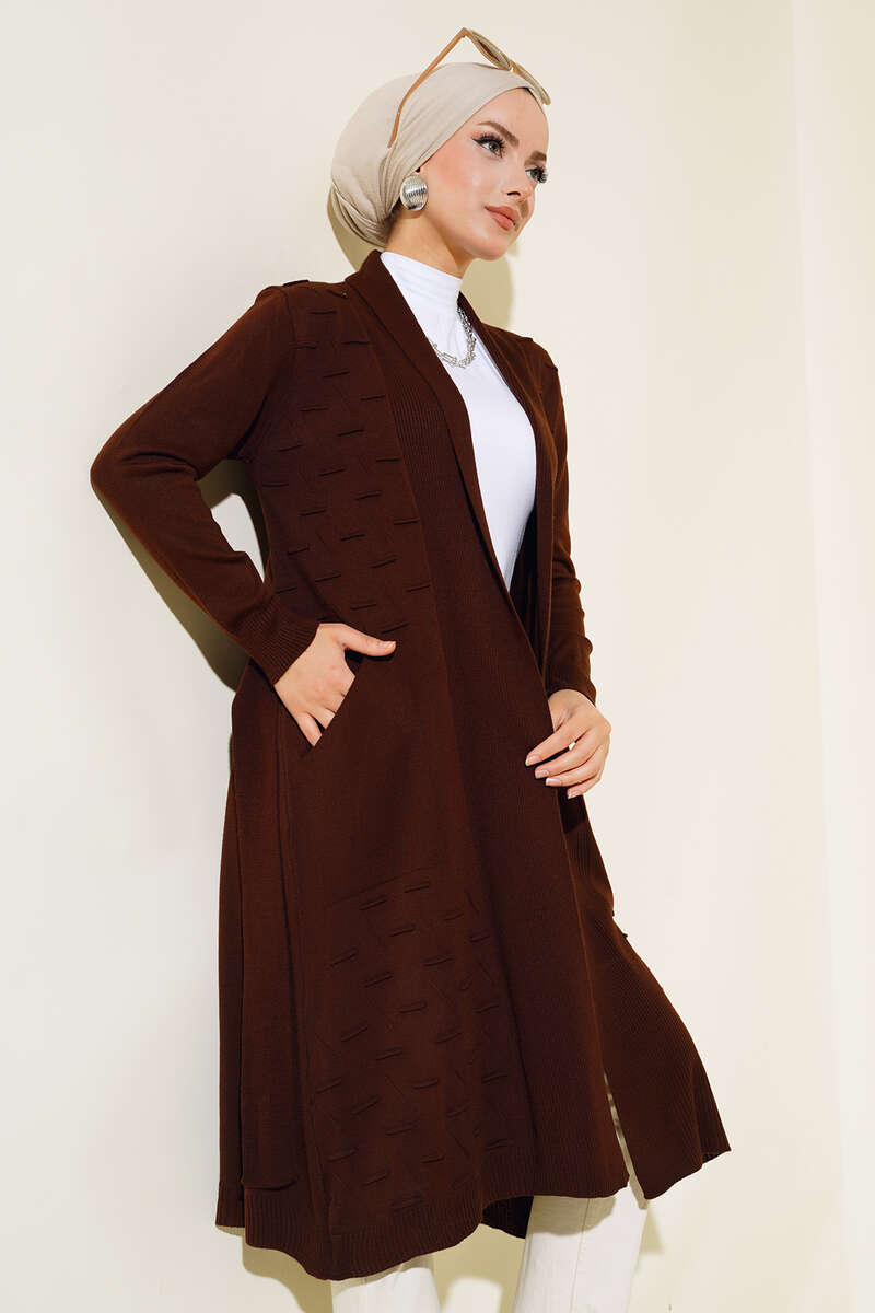 Side-Stitch Cardigan with Ties - Brown