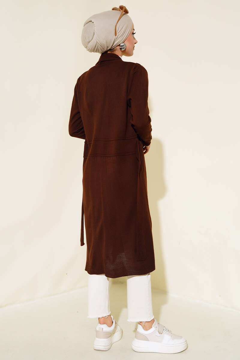 Side-Stitch Cardigan with Ties - Brown