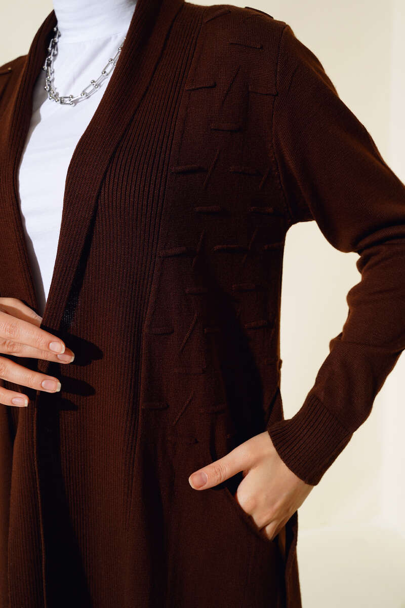Side-Stitch Cardigan with Ties - Brown
