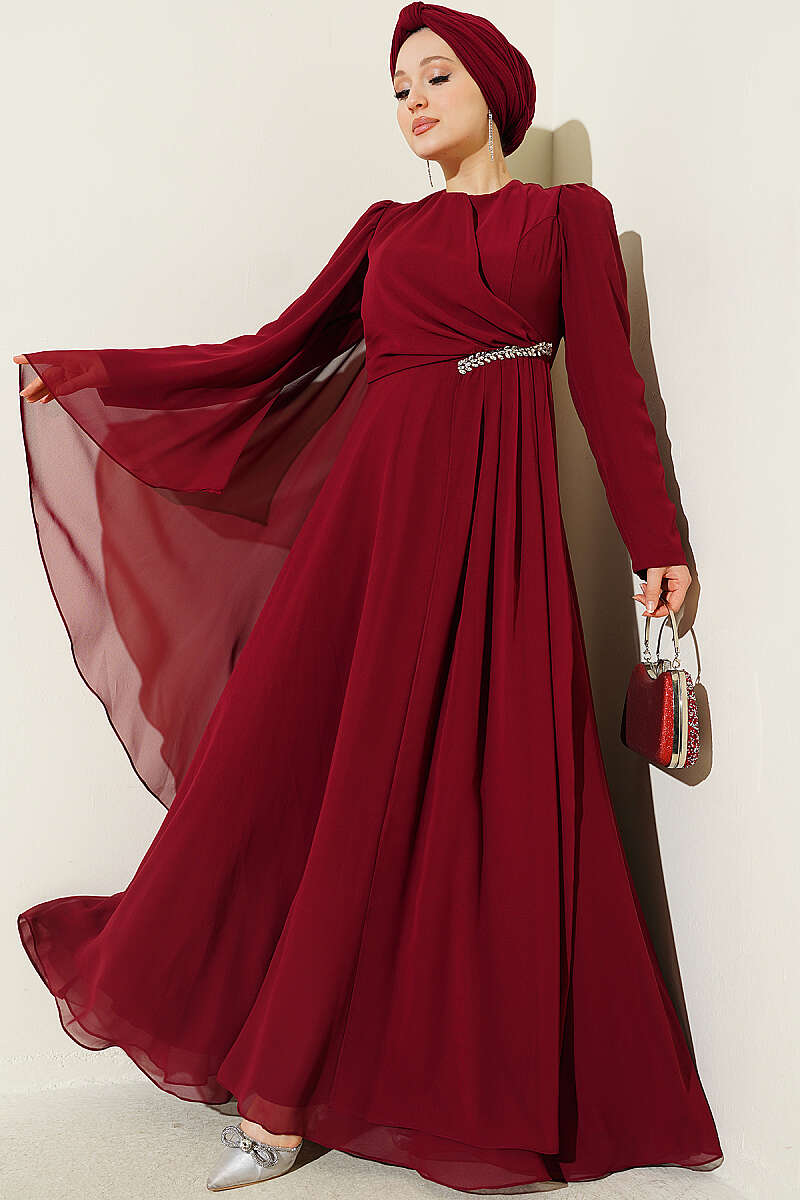Side-Draped Embellished Chiffon Evening Dress - Burgundy