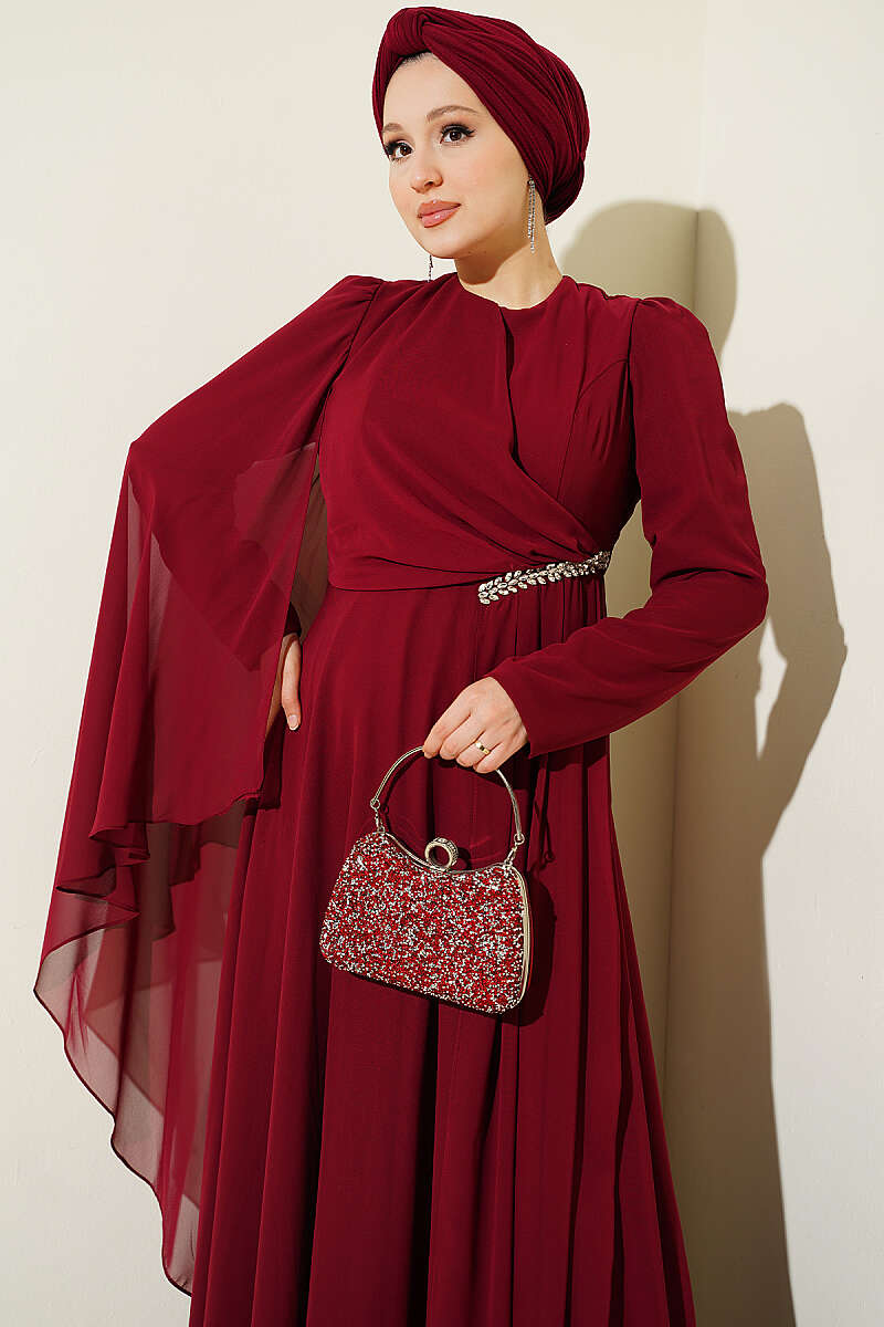 Side-Draped Embellished Chiffon Evening Dress - Burgundy