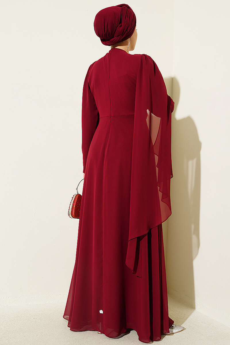 Side-Draped Embellished Chiffon Evening Dress - Burgundy