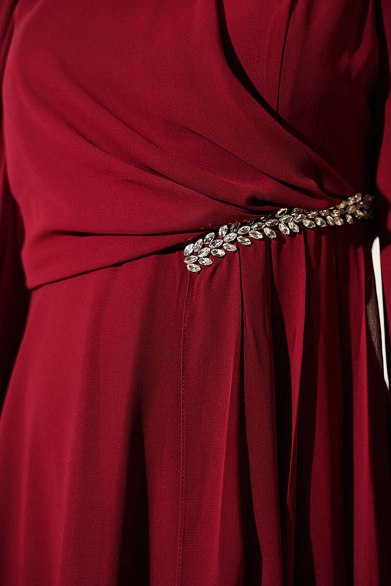 Side-Draped Embellished Chiffon Evening Dress - Burgundy
