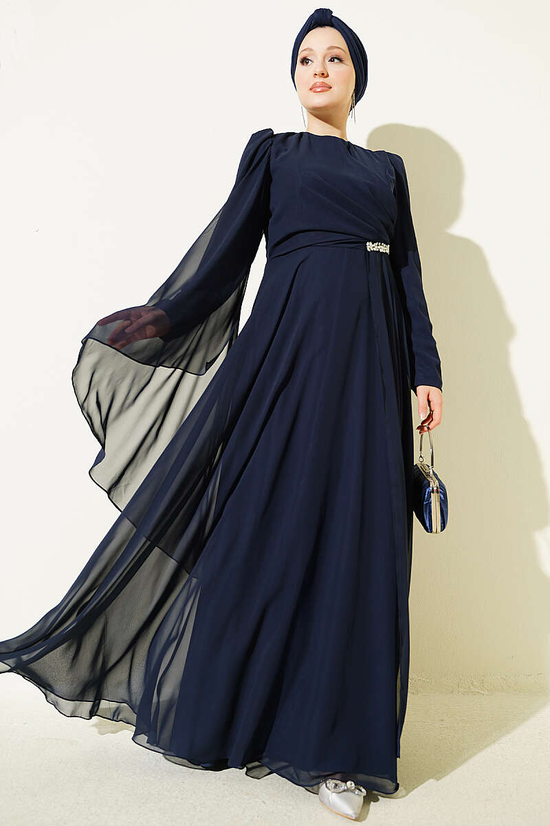 Side-Draped Embellished Chiffon Evening Dress - Navy