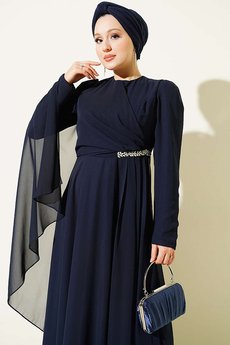 Side-Draped Embellished Chiffon Evening Dress - Navy