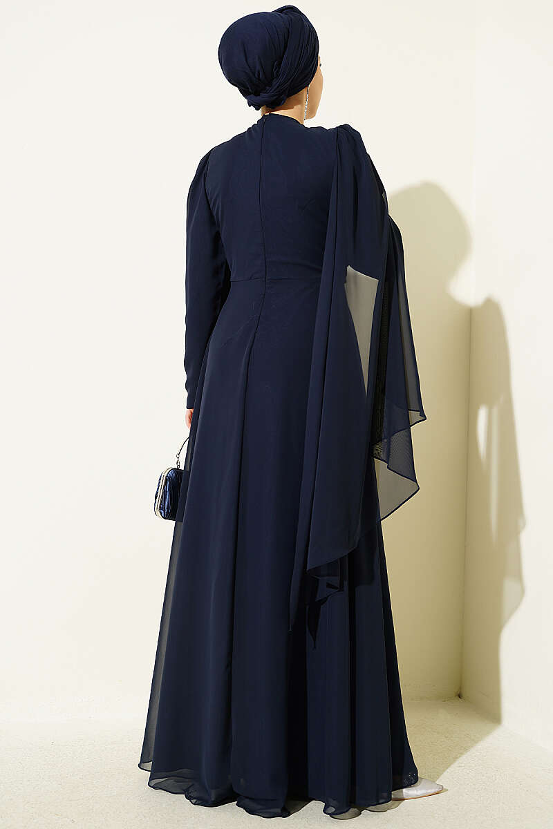 Side-Draped Embellished Chiffon Evening Dress - Navy