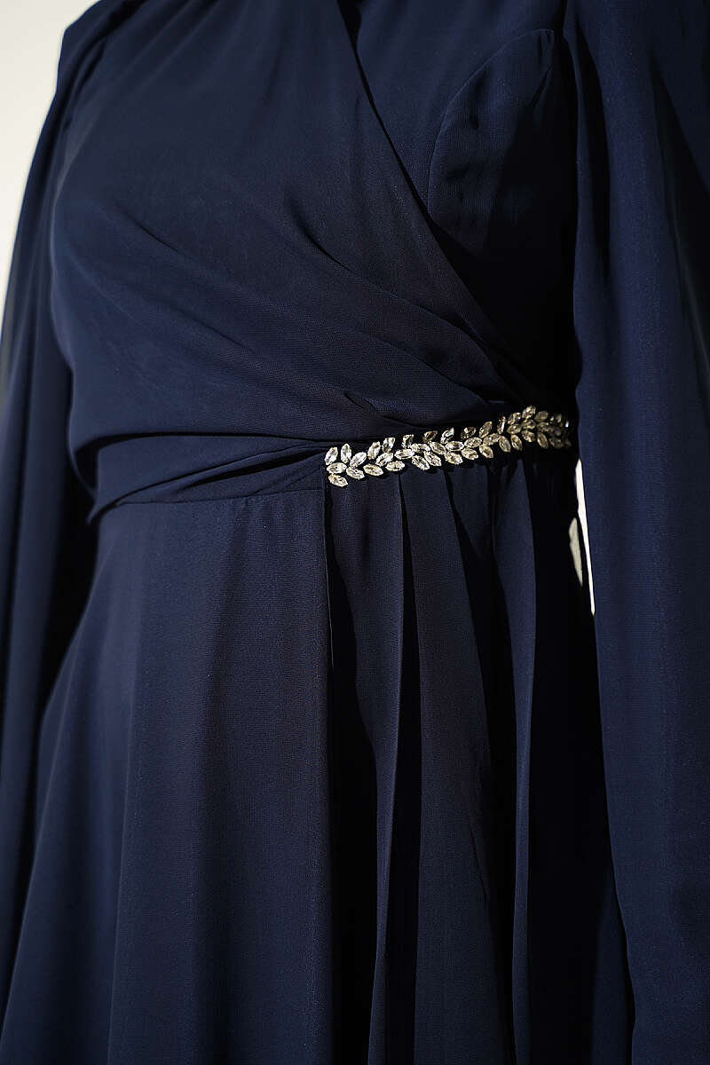 Side-Draped Embellished Chiffon Evening Dress - Navy