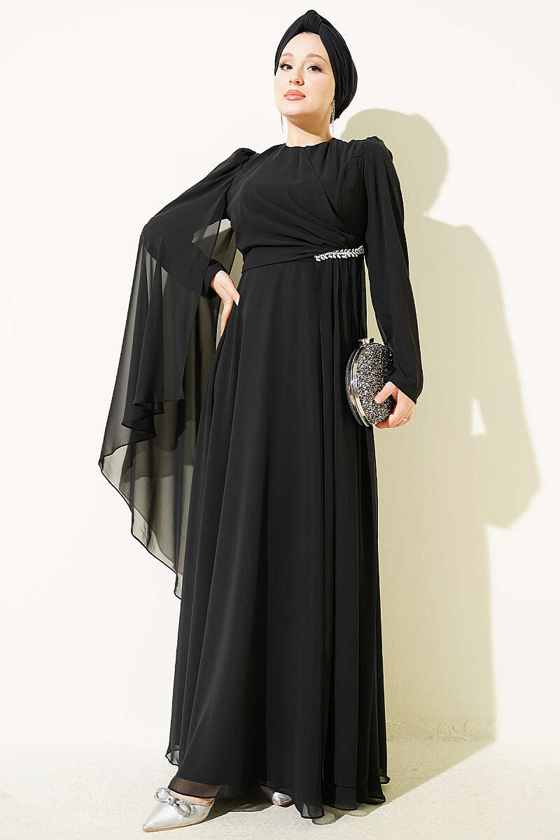 Side-Draped Embellished Chiffon Evening Dress - Black
