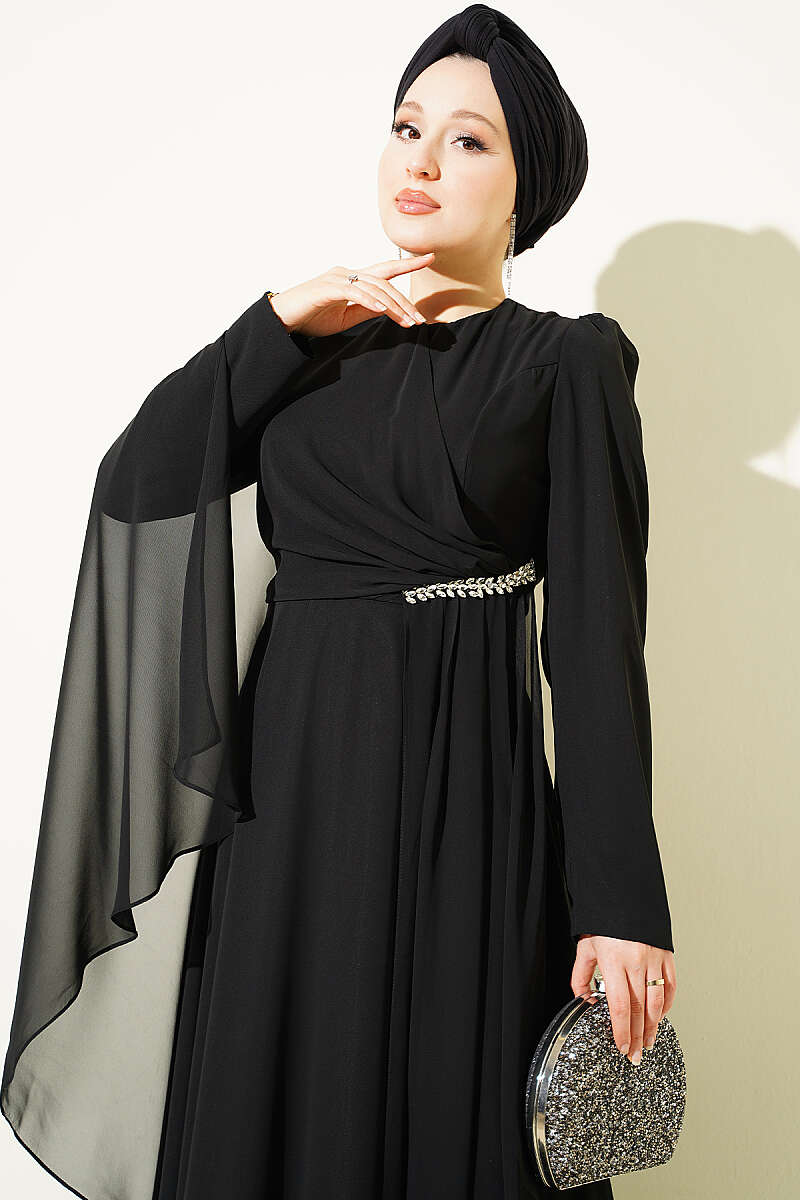 Side-Draped Embellished Chiffon Evening Dress - Black