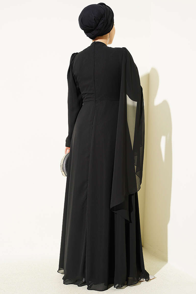 Side-Draped Embellished Chiffon Evening Dress - Black