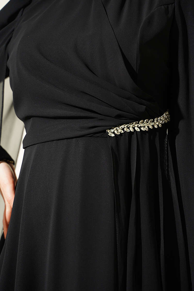 Side-Draped Embellished Chiffon Evening Dress - Black