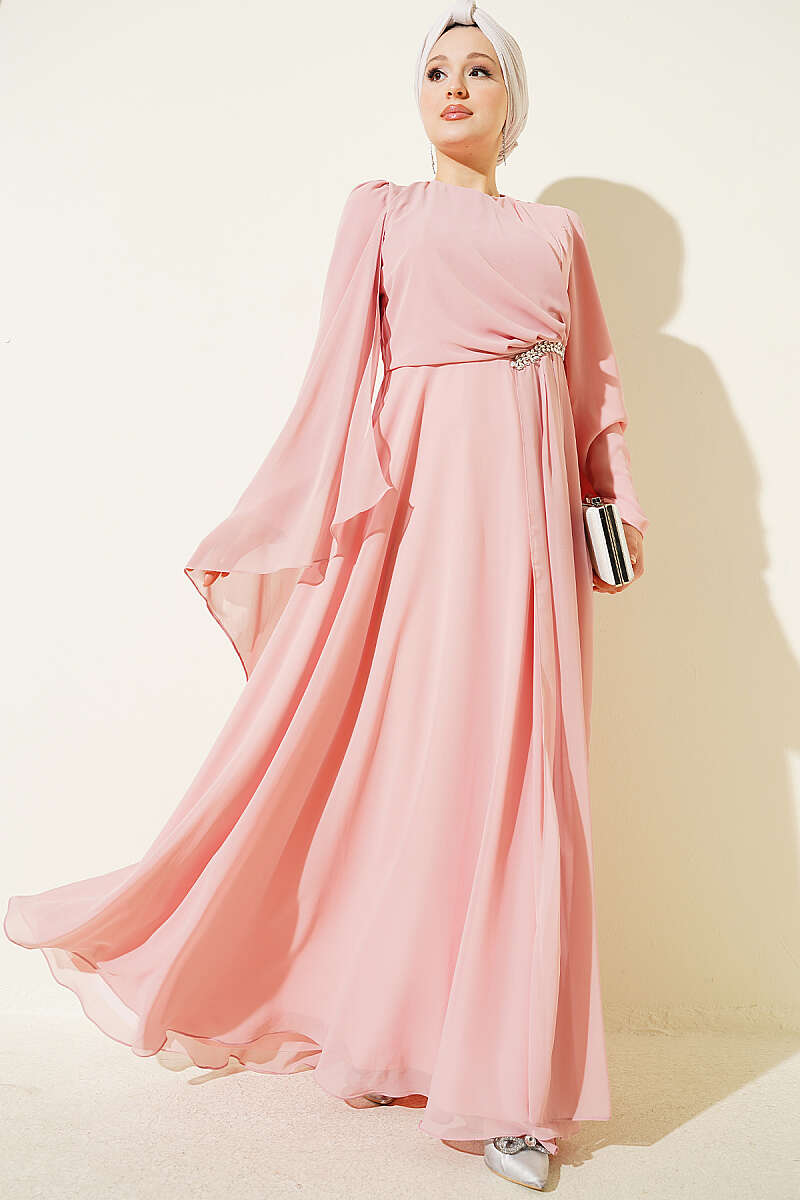 Side-Draped Embellished Chiffon Evening Dress - Salmon