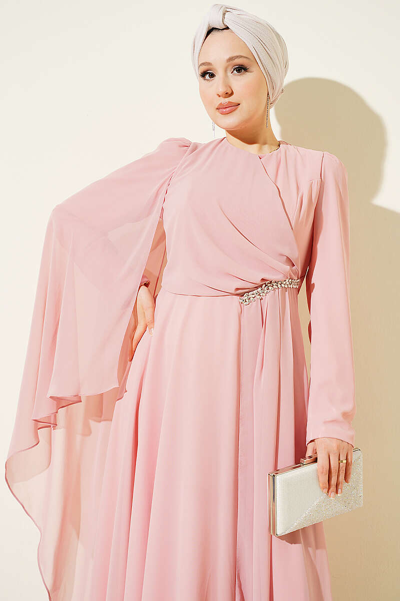 Side-Draped Embellished Chiffon Evening Dress - Salmon