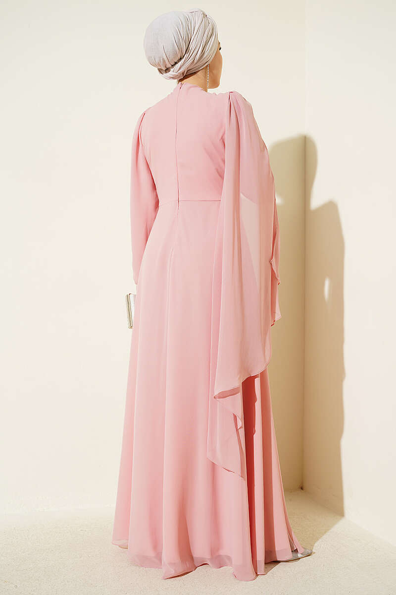 Side-Draped Embellished Chiffon Evening Dress - Salmon