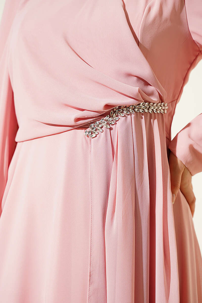 Side-Draped Embellished Chiffon Evening Dress - Salmon