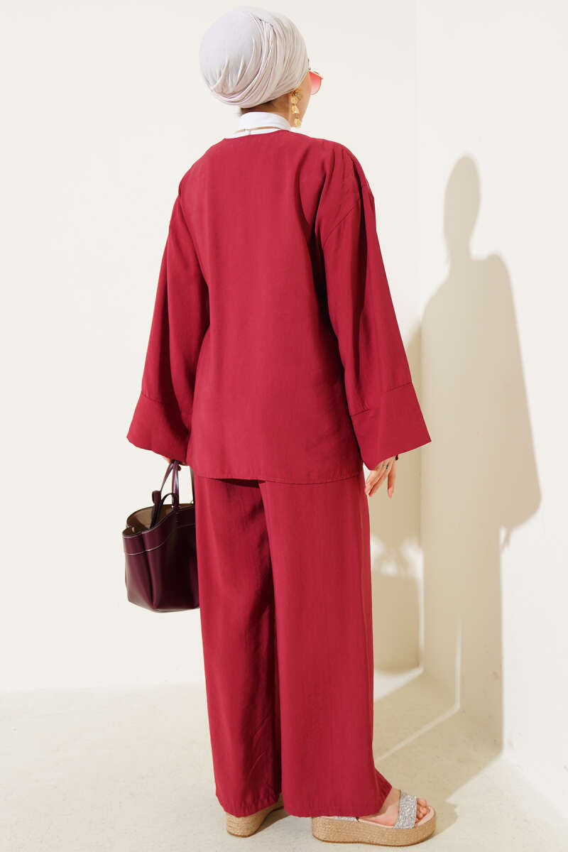 Kimono Two-Piece Set with Side Ties - Burgundy