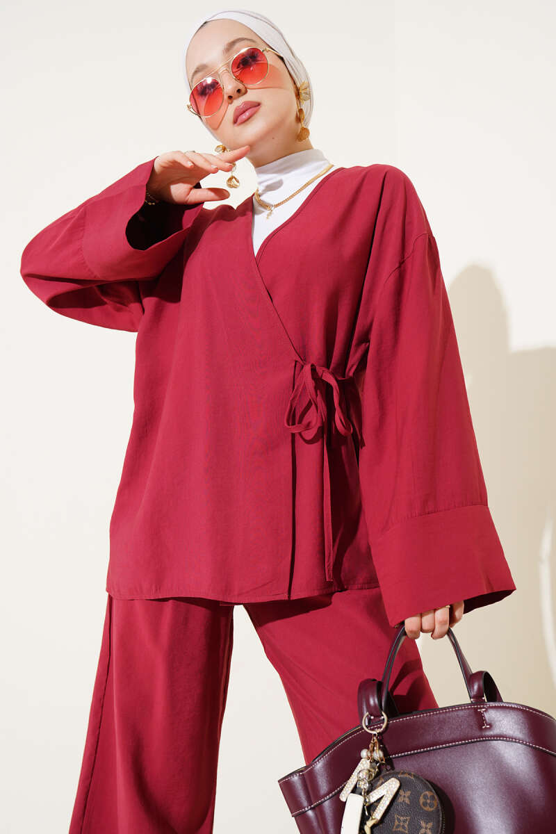 Kimono Two-Piece Set with Side Ties - Burgundy
