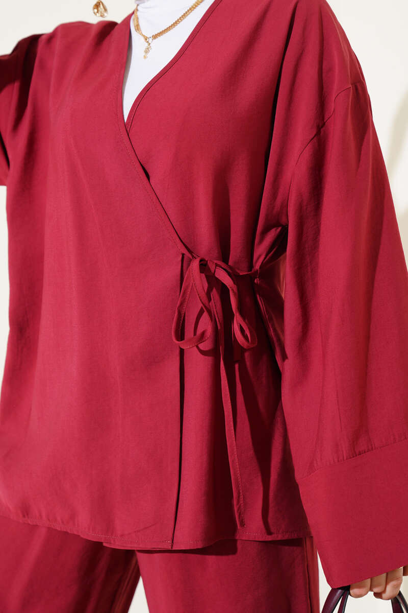 Kimono Two-Piece Set with Side Ties - Burgundy