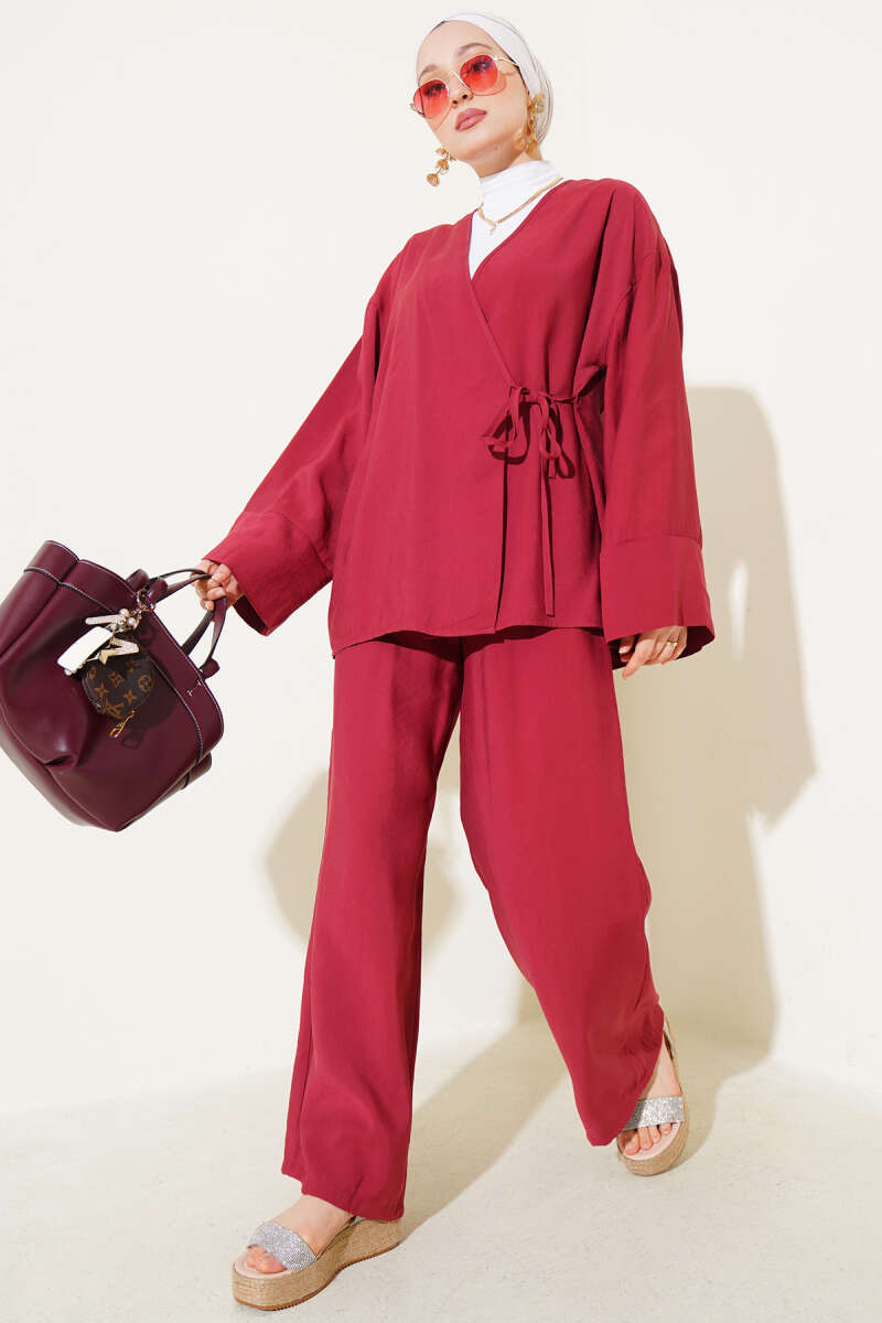 Kimono Two-Piece Set with Side Ties - Burgundy