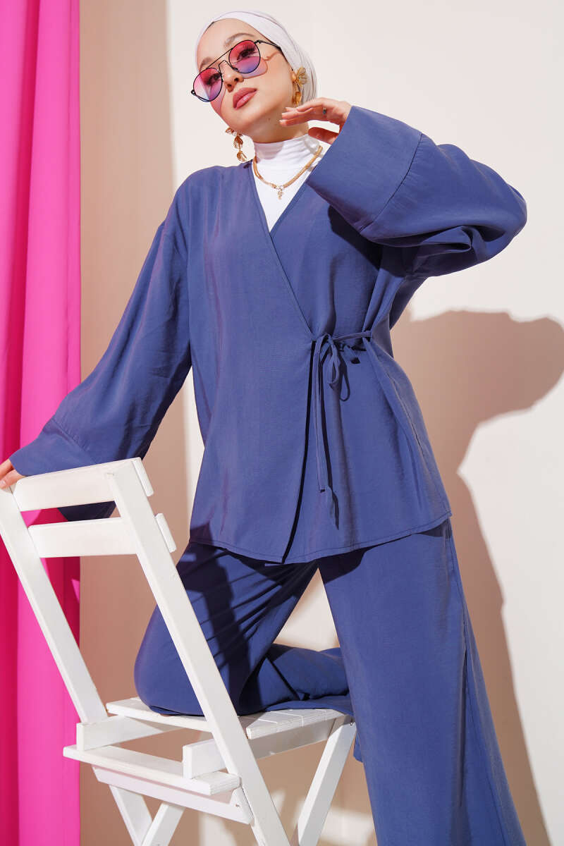 Kimono Two-Piece Set with Side Ties - Indigo