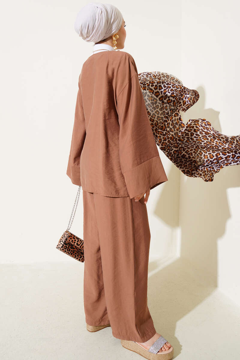 Kimono Two-Piece Set with Side Ties - Brown
