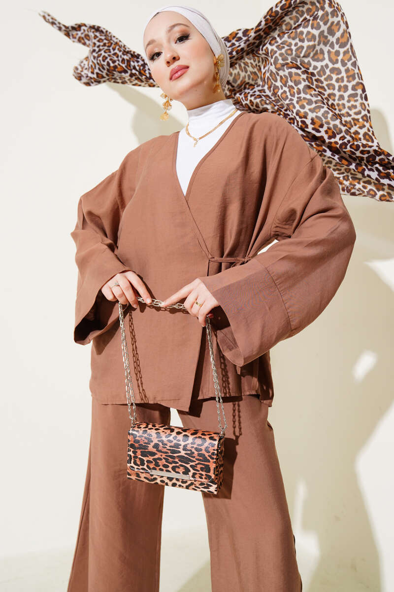 Kimono Two-Piece Set with Side Ties - Brown
