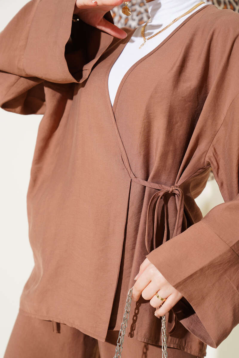 Kimono Two-Piece Set with Side Ties - Brown