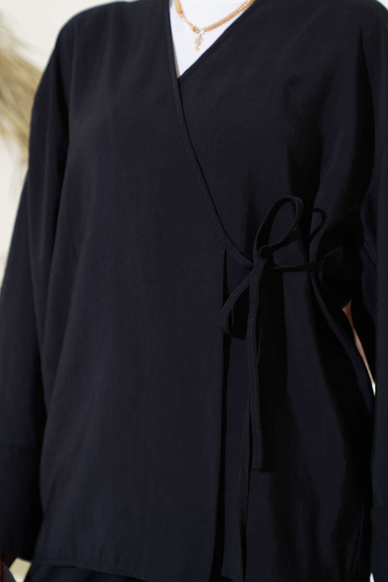 Kimono Two-Piece Set with Side Ties - Black
