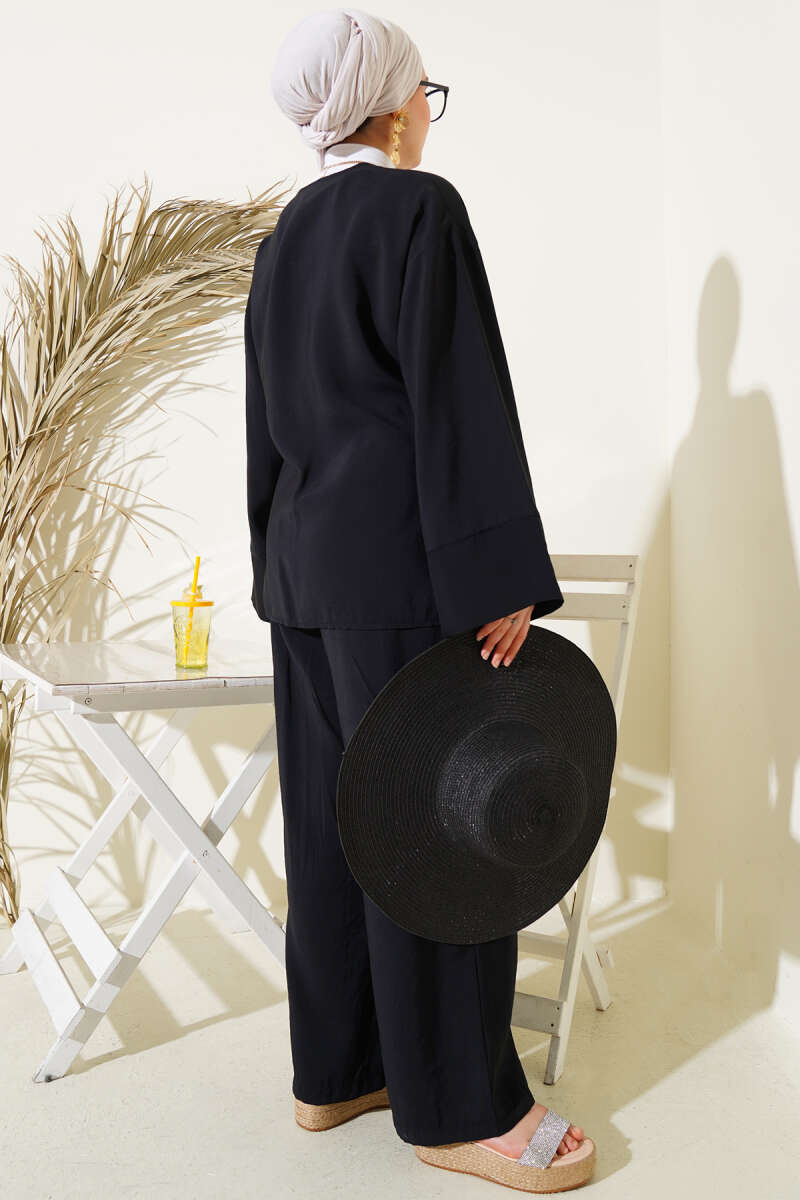 Kimono Two-Piece Set with Side Ties - Black