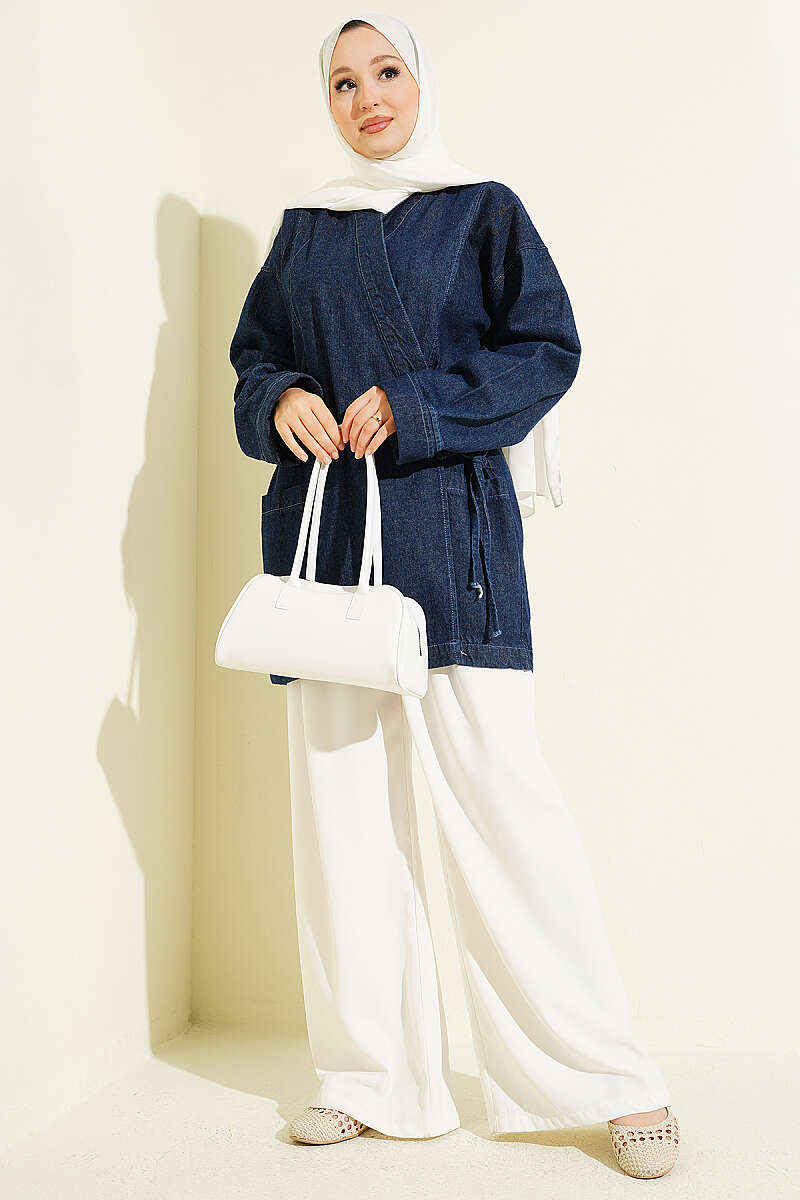 Denim Kimono with Side Ties - Dark Blue