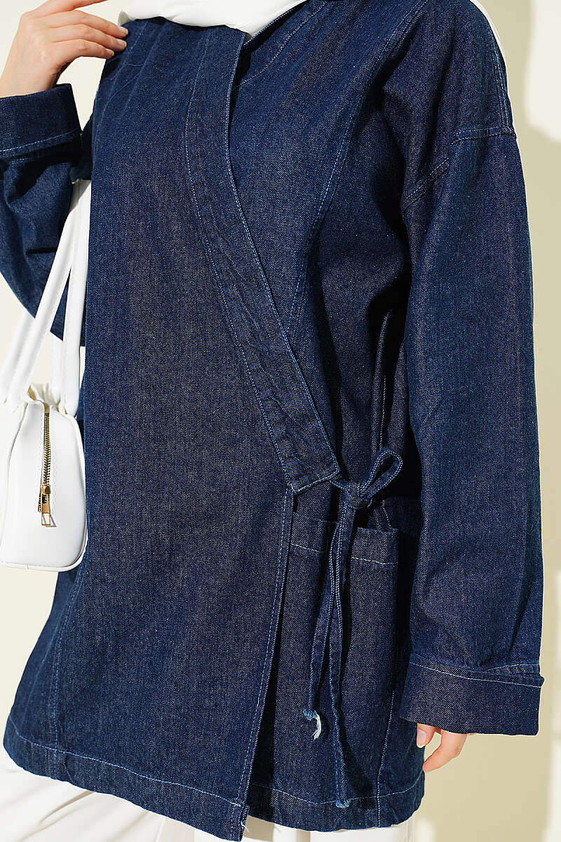 Denim Kimono with Side Ties - Dark Blue