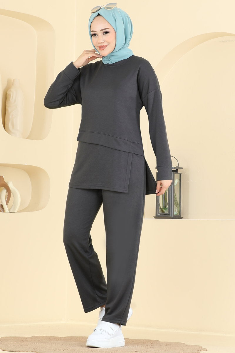 Side-Slit Modal Two-Piece Set with Trousers - Charcoal