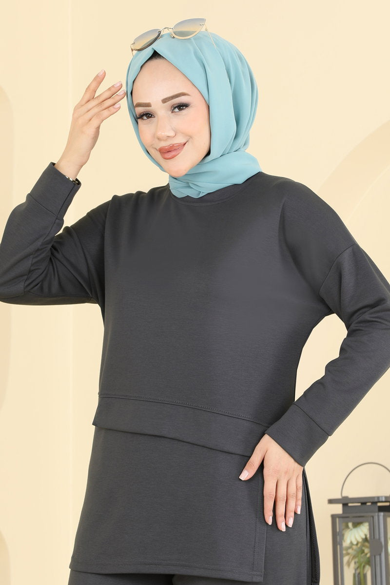 Side-Slit Modal Two-Piece Set with Trousers - Charcoal